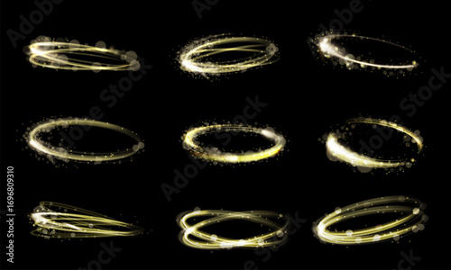 Magic circle glow. Shining golden light rings with sparkles, glowing swirl effect and glittering energy trails. Abstract magical halo, luminous circular motion and sparkling vortex loop vector set.