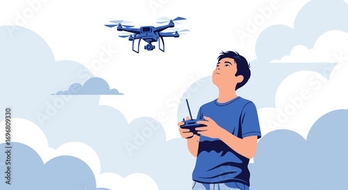 Young Person Controls Drone in Cloudy Environment, Capturing Aerial Photography Views