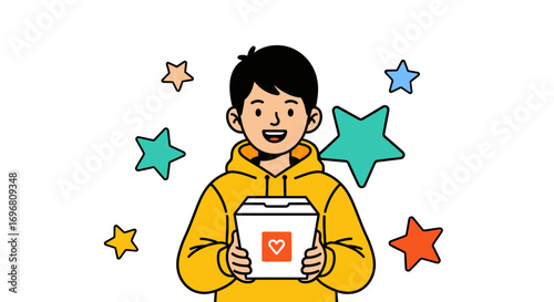 Young Person Delivers Gifts with a Heart Icon and Cheerful Expressions and Stars