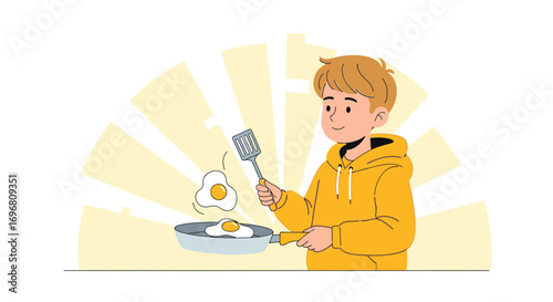 Young Person Cooks Breakfast Eggs in a Pan, Ready Enjoying the Meal in the Morning
