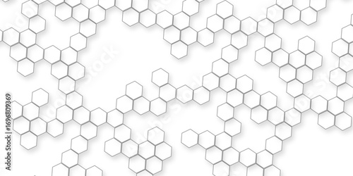geometric repetition and depth of the hexagonal grid, A pattern of white hexagon shapes arranged subtle shadows that create a three-dimensional, layered effect.