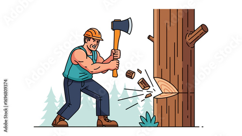Lumberjack Felling a Tree: Depicting a sturdy lumberjack fearlessly swings an axe against the trunk of a towering tree, illustrating hard labor. 