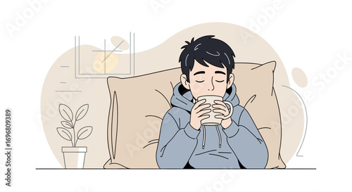 Young Person Enjoying A Warm Drink, Cozy And Relaxing At Home In The Morning