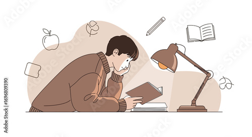 Young Person Engrossed in Reading Under Warm Lamplight During Study or Leisure Time