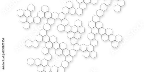 geometric repetition and depth of the hexagonal grid, A pattern of white hexagon shapes arranged subtle shadows that create a three-dimensional, layered effect.