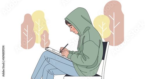 Young Person In Casual Outfit Sketching In Nature With Abstract Background