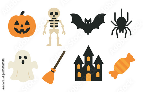 Halloween icons: glowing pumpkin, ghost, skeleton, bat, spider, broom, haunted house, candy