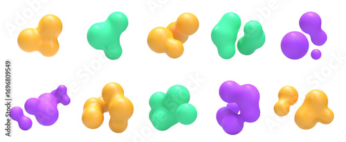 Liquid 3D blob shapes. Abstract organic forms with smooth gradient, fluid blobbed metaball spheres renders and digital amorphous blobby shape elements isolated vector set.