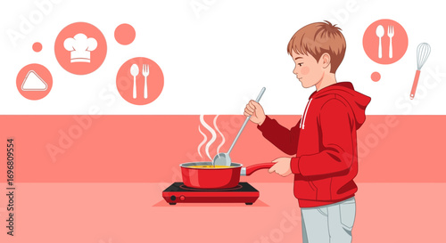 Young Person in Kitchen Preparing Meal with Cooking Tools and Pot.