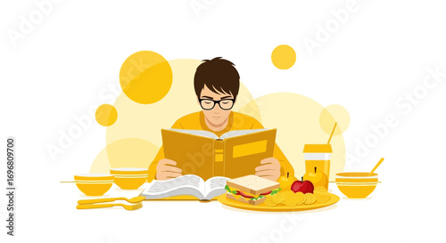 Young Person Reading While Enjoying A Meal with A Focus on Lunchtime Learning