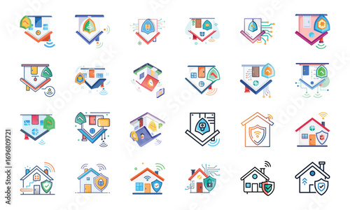 Home Insurance and Property Protection Icons Set – Financial Security, Mortgage Safety, House Fire and Flood Risk, Real Estate Coverage, Banking Security, Business Insurance, Money Protection, Investm
