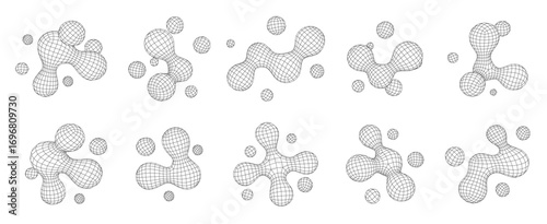 Abstract 3D metaball wireframe shapes. Geometric mesh liquid blobs, connected cell form grid structures and polygonal digital molecule forms. Futuristic metaballs vector set with editable stroke path.