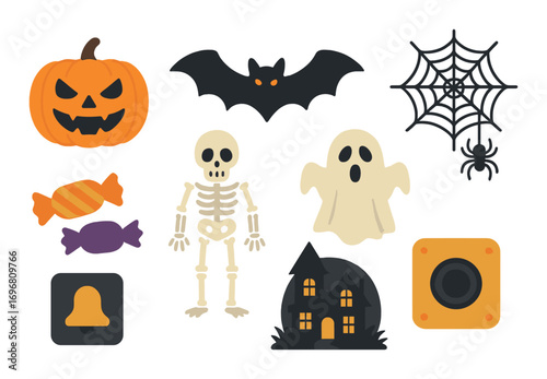 Halloween symbols: pumpkin, bat, skeleton, ghost, spider web, haunted house