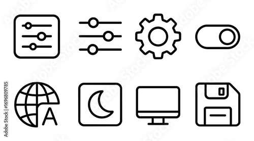 Black icons: configuration, globe, moon, monitor, save disk on gray background
