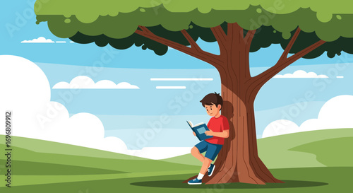 Young Reader Enjoying Leisure Outdoors Under the Shade of a Large, Lush Tree