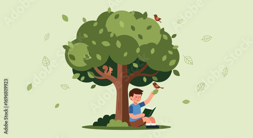 Young Reader Finds Shade Under A Lush Tree With Friendly Birds And Squirrels
