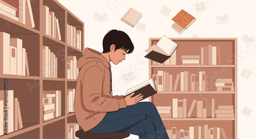 Young Reader Immensely Engrossed In Library, Surrounded By Books, Animated Illustration