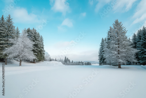 A snowy landscape with evergreen trees under a bright blue sky with wispy white clouds in the distance