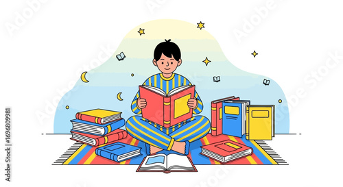 Young Reader Immersed In A Book Surrounded By Literary Companions In Cartoon Format