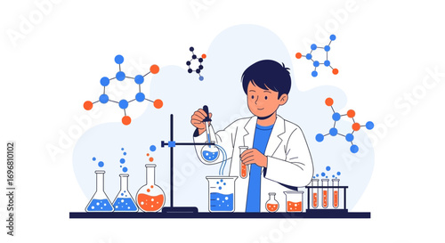Young Scientist Exploring Chemistry, Experimenting With Laboratory Equipment And Elements