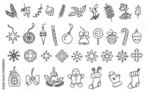 Christmas decor doodles. Hand drawn xmas snowflakes, stockings, mistletoe ornaments, holly, candy cane, gingerbread cookie, bell, ribbon bow and gift icons. Sketch holiday decorations vector set.