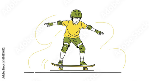 Young Skateboarder Doing Tricks While Leaning Forward In A Delightful Drawing Style