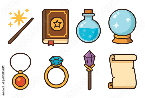 Magic items collection: wand, spellbook, potion, crystal ball, amulet, ring, staff, scroll