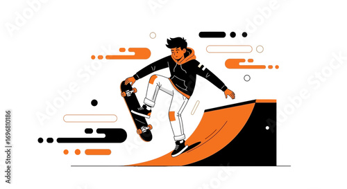 Young Skateboarder Executing a Street Stunt on a Ramp with Abstract Art.