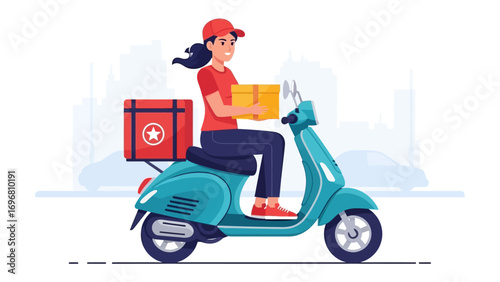Speedy Delivery: A cheerful delivery person on a scooter, navigating urban streets with a package, symbolizing efficiency and promptness.