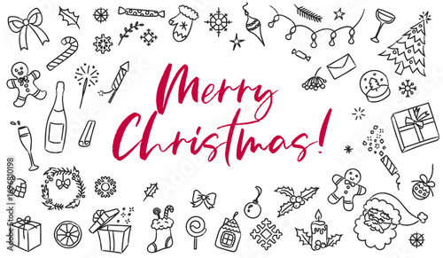 Christmas doodle frame. Hand drawn xmas decorations with Merry Christmas lettering, festive border with holiday icons of Santa Claus, gift boxes, Christmas tree, snowflakes and mistletoe. vector set.