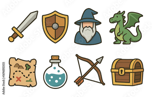 Fantasy adventure icons featuring sword shield wizard dragon map potion bow chest