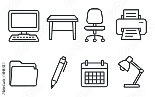 Office equipment icons: computer, desk, chair, printer, folder, pen, calendar, lamp