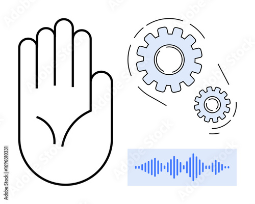 Open hand beside gears and soundwave implies interaction, automation, and recognition. Ideal for technology, AI, automation, voice control, innovation, user interface and digital transformation