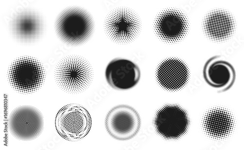 Halftone circles. Abstract dotted round patterns, circular shapes with blurred and swirl dotted gradient effect. Radial dot fade, abstract background elements with half tone dotwork vector set.