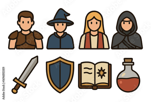 Medieval character icons with sword, shield, book, potion featuring warrior, wizard, female, rogue