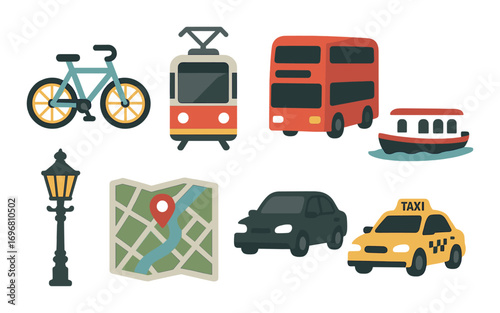 Urban transport icons: bike, tram, bus, car, taxi, map, boat, lamp