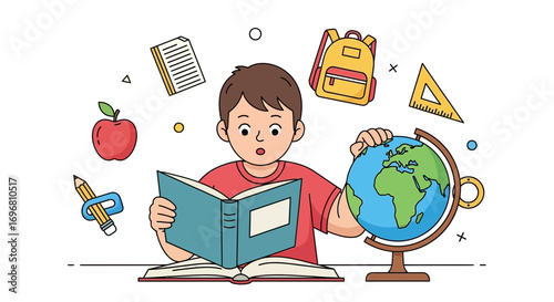 Young Student Reading And Studying With Globe And Educational Supplies
