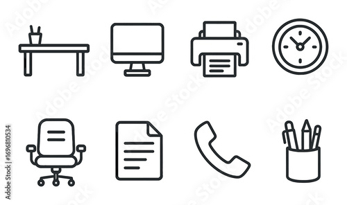 Monochrome office icons: desk, computer, printer, clock, chair, document, phone, stationery holder