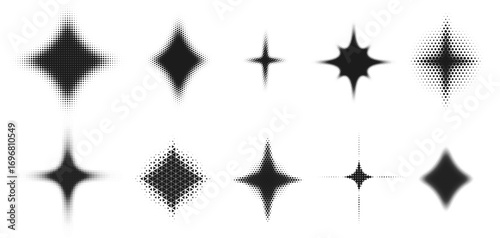 Halftone spark shapes. Abstract starburst and glowing sparkle effect, dotted gradient light flash, retro comic halftone explosion and shining sparkle star dotwork icons vector set.
