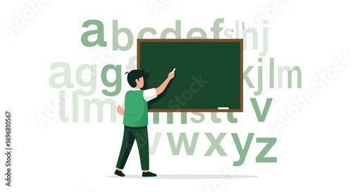 Young Student Writing On Blackboard, Teaching, Learning, Education, School, Illustration