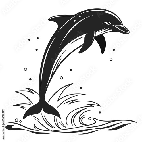 Black Silhouette of a Dolphin Jumping Over Waves with Bubbles on White leaping water