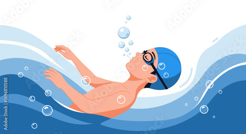 Young Swimmer Enjoying Leisure Swim Underwater and Releasing Bubbles