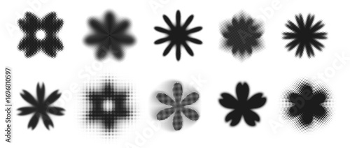 Halftone flowers. Floral shapes with dotted texture, retro bloom blurred silhouettes and radial flower petals with halftone stipple effect. Abstract blossom shapes vector set.