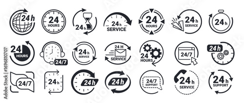 Twenty four hour icons. 24 7 service and support symbols, nonstop working time labels with clock, stopwatch, circular arrows and gear symbols. Availability hours vector set.
