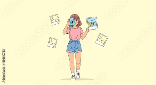 Young Woman Capturing Moment, Holding Photos While Taking Pictures, Illustration Style