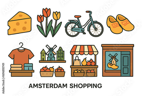 Amsterdam icons: tulips, cheese, wooden shoes, canal houses, and market stalls