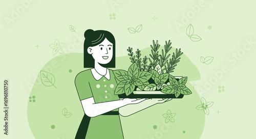 Young Woman Delivers Fresh Harvest: An Illustrated Presentation of Culinary Herbs