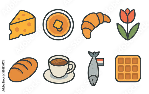 Icons of european foods: cheese, soup, croissant, tulip, bread, coffee, fish, waffle