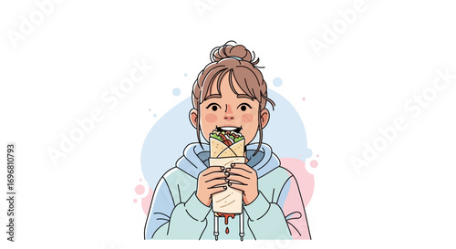 Young Woman Enjoying A Tasty Wrap Food Illustration, Cartoon Character, Modern Style