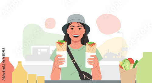 Young Woman Holding Delicious Wraps, Smiling, Ready To Enjoy Food, Street Food Scene